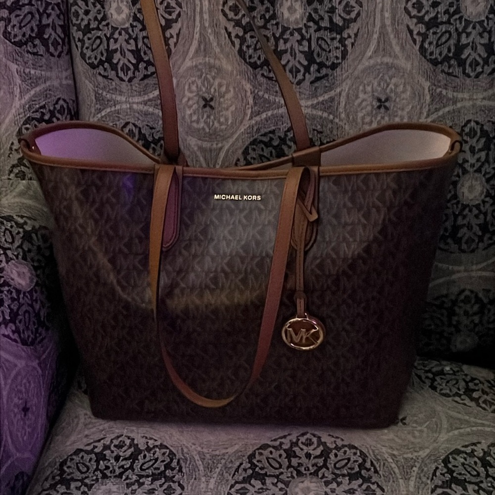 Michael Kors Brown Monogram Tote with Leather Trim
